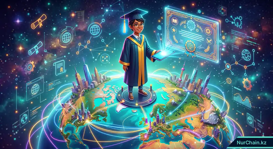 3D-визуализация выпускника с цифровым NFT-дипломом на фоне карты мира, символизирующая профессиональную мобильность и владение данными.