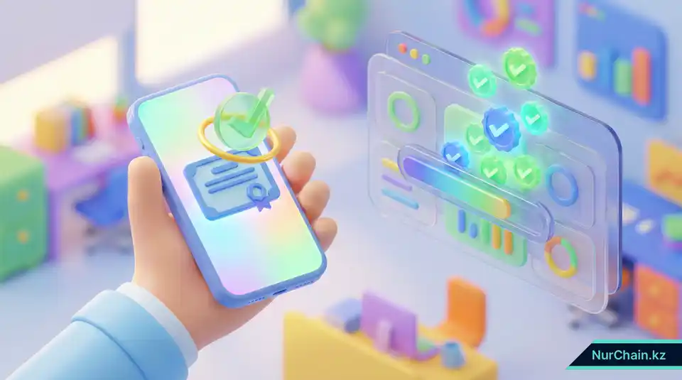3D-рендер экрана работодателя, показывающий верифицированный NFT-диплом с зеленой галочкой, что символизирует мгновенную проверку данных.