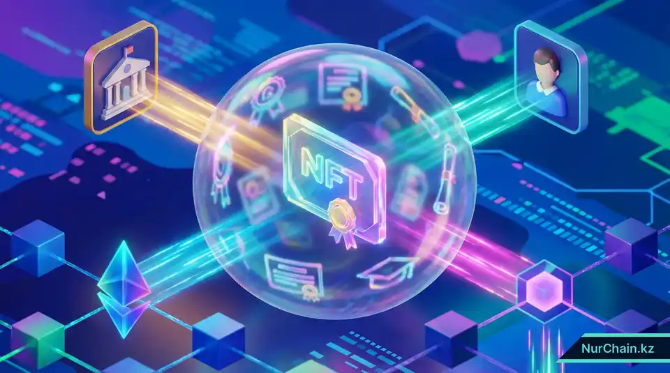 Трёхмерная изометрическая инфографика, изображающая NFT-диплом с защитным экраном конфиденциальности, отделяющим публичные данные блокчейна от частных академических записей.