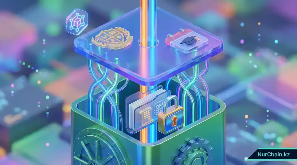 3D-визуализация метаданных в сети (on-chain) в сравнении с частными академическими записями вне сети, хранящимися в защищенном цифровом хранилище.