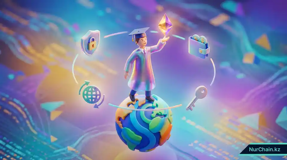 Итоговая 3D-графика, изображающая выпускника, владеющего своей профессиональной идентичностью через защищенный и портативный NFT-документ.