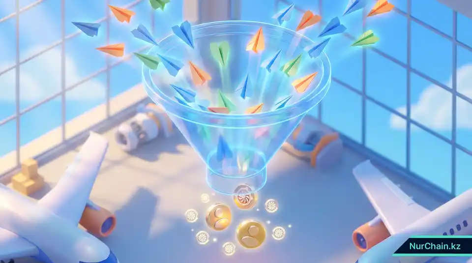 3D-изометрическая иллюстрация цифровой воронки, фильтрующей заявки на работу в авиации для выявления наиболее подходящих кандидатов.