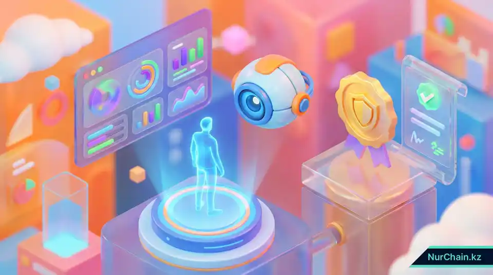 3D-графика, изображающая процесс дистанционного интервью с AI-прокторингом, парящими диаграммами данных и подтвержденным сертификатом навыков.