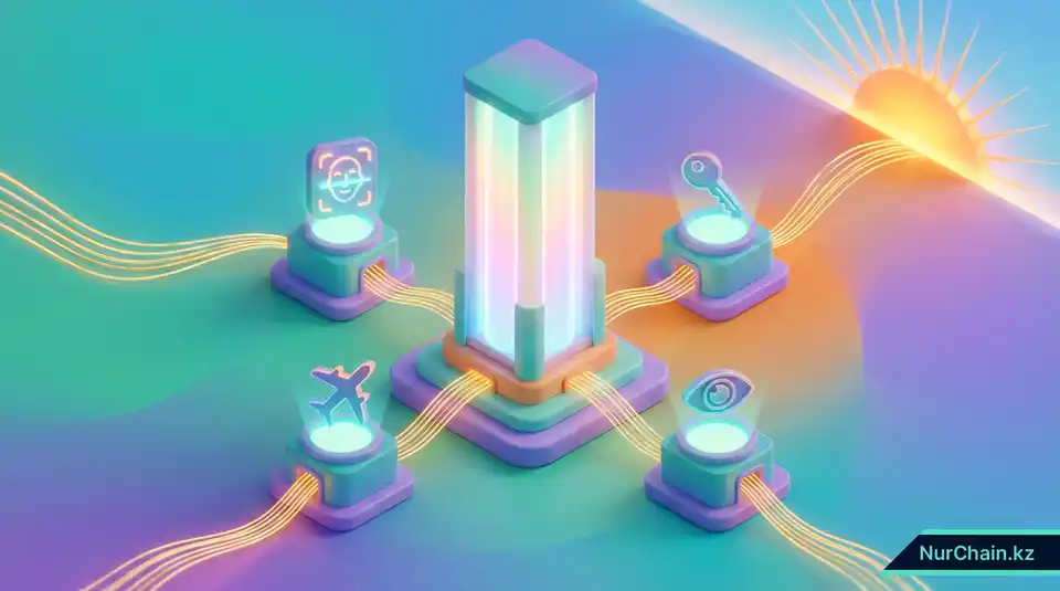 Итоговая 3D-инфографика символов цифрового доверия в Казахстане, объединяющихся в единую успешную экономику.