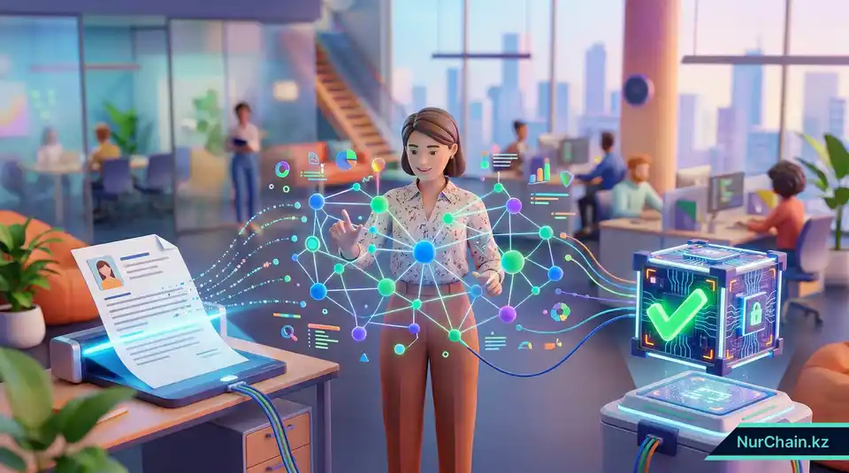 3D-иллюстрация HR-специалиста, использующего технологию блокчейн для преобразования традиционного резюме в защищенную цифровую запись.