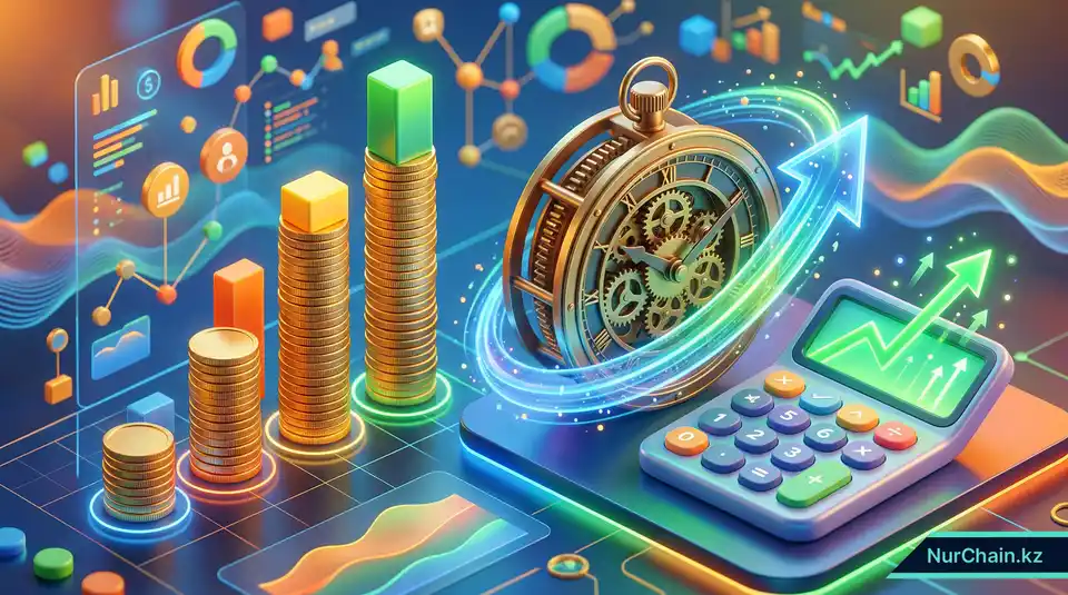 3D-инфографика, показывающая график роста окупаемости инвестиций (ROI) и быстро идущие часы, что олицетворяет экономическую эффективность найма через блокчейн.