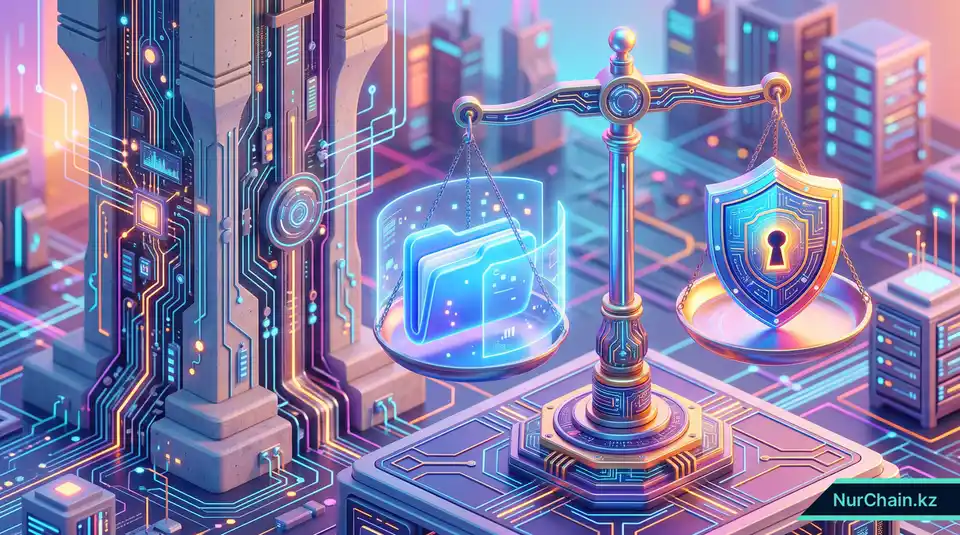 3D-визуализация весов, уравновешивающих цифровые данные и защитный щит, что символизирует соответствие HR-систем на блокчейне требованиям GDPR.