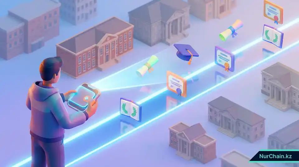 3D-цифровой кошелек, проецирующий временную шкалу защищенных долгосрочных образовательных и профессиональных документов.