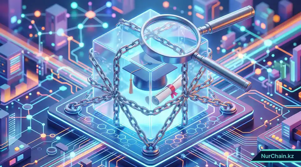 3D-графика защищенного блока данных, обернутого цепями, с академической шапочкой внутри, что символизирует надежность блокчейна для проверки документов.