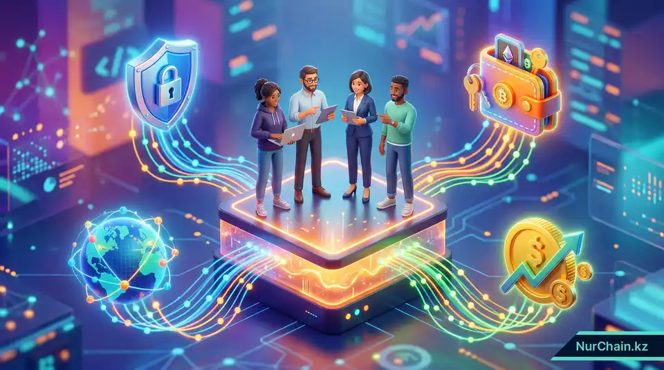 Итоговая 3D-графика, изображающая фундамент доверия, поддерживающий различных профессионалов, с иконками безопасности, экономии средств и глобального доступа.