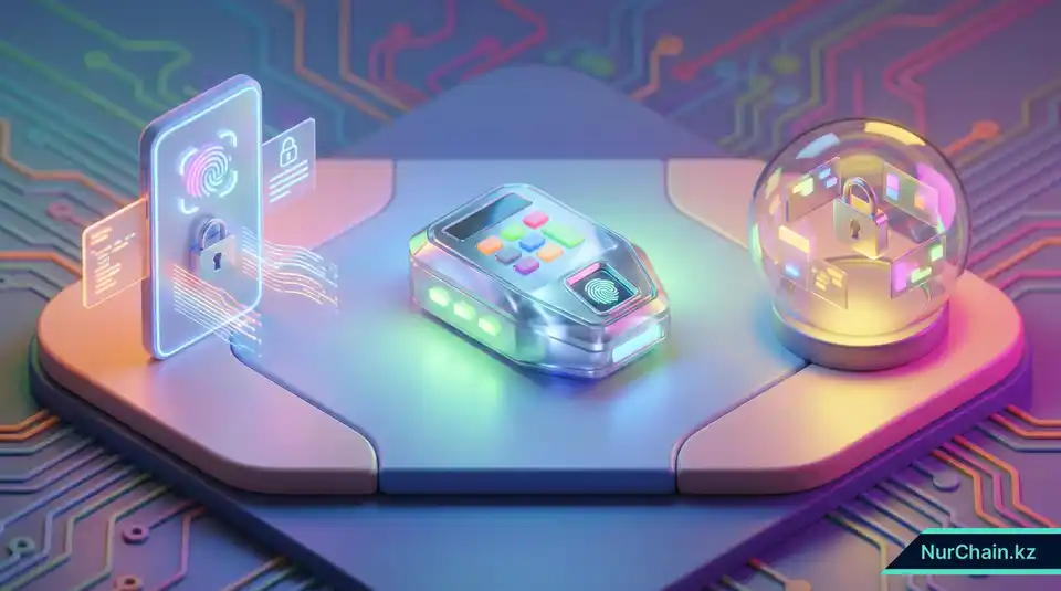 3D-сравнение различных типов криптокошельков, включая мобильные приложения и аппаратные устройства для хранения цифровых дипломов.