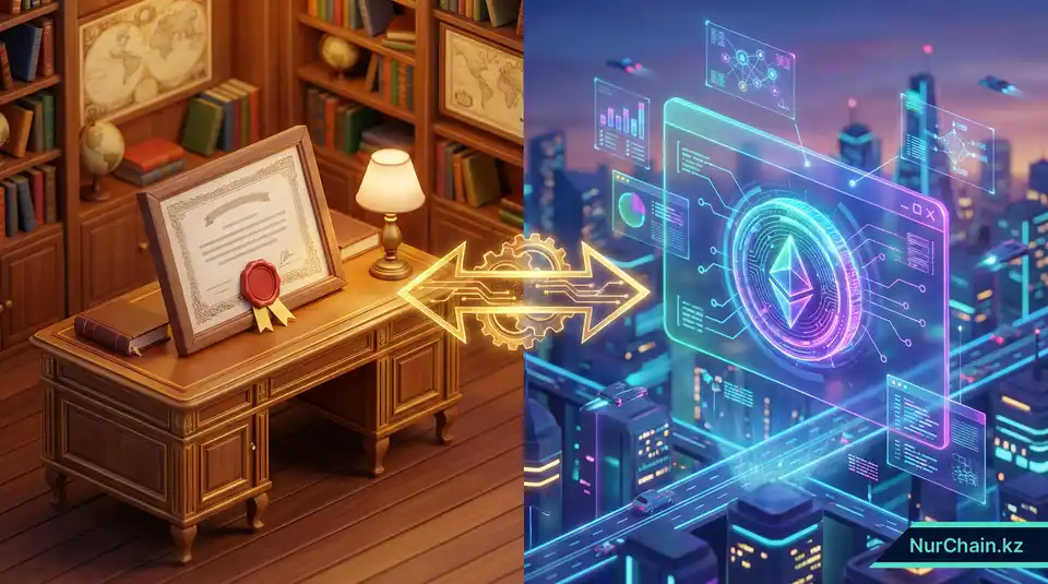 3D-сравнение традиционного бумажного диплома и его высокоскоростного цифрового NFT-аналога.