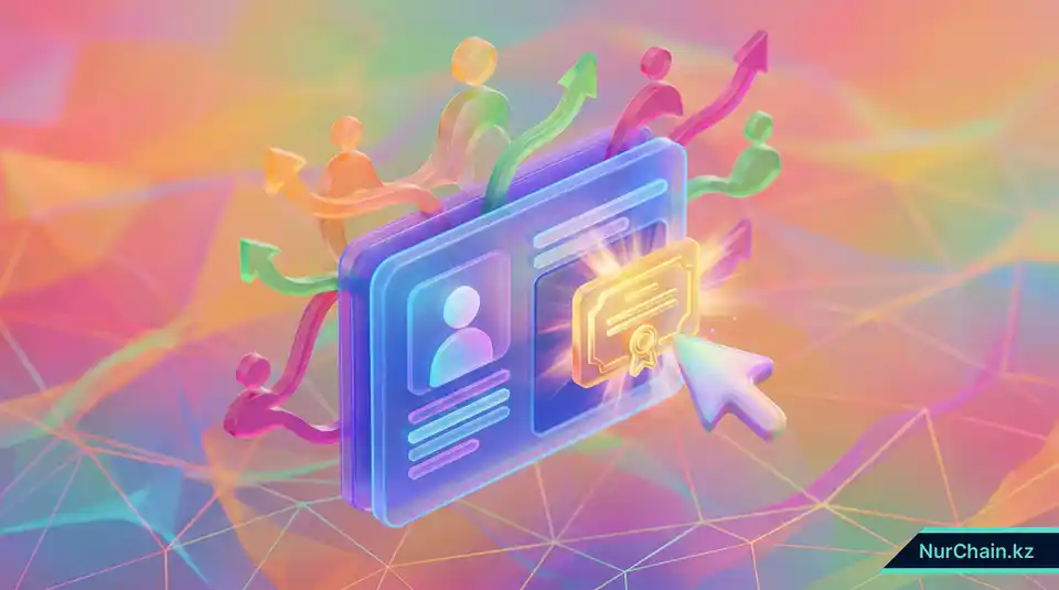 3D-графика, демонстрирующая интеграцию NFT-диплома в профиль профессиональной социальной сети для карьерного роста.