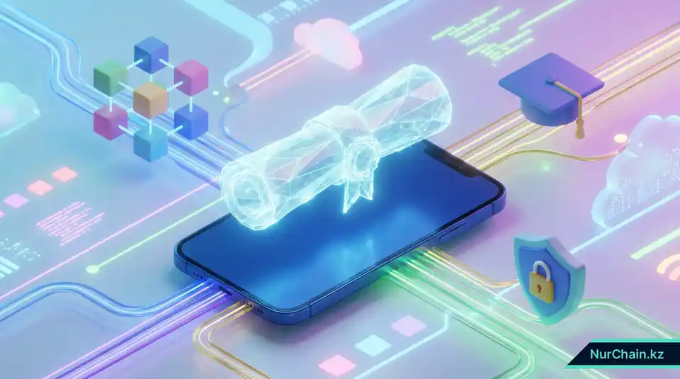 Изометрическая 3D-иллюстрация цифрового диплома, парящего над смартфоном, представляющая современное управление NFT-документами.