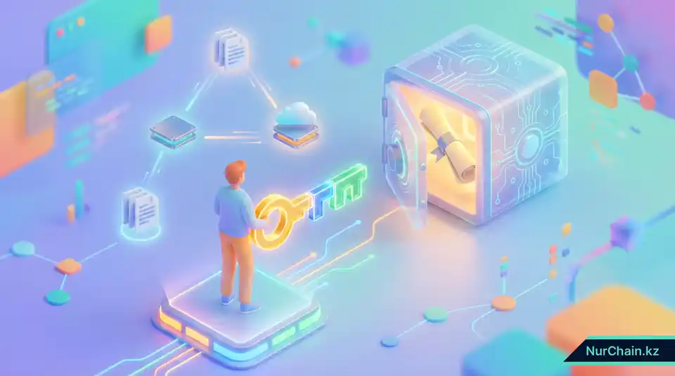 3D-визуализация золотого ключа из трех частей и цифрового сейфа, иллюстрирующая процесс безопасного восстановления при потере криптокошелька.