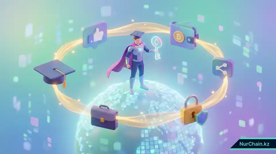 Итоговая 3D-графика, изображающая выпускника, который успешно управляет цифровыми активами для достижения карьерного успеха по всему миру.