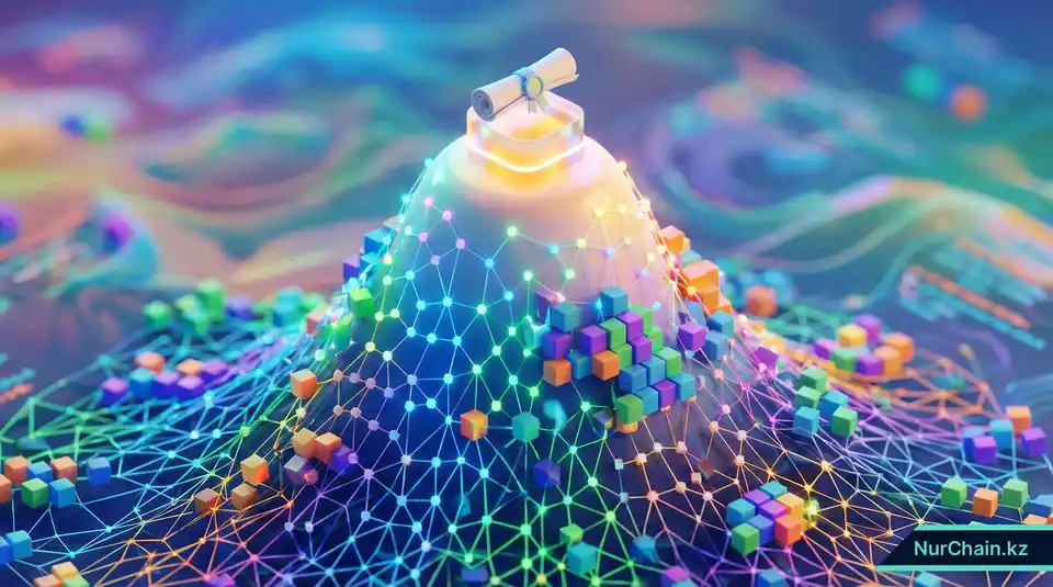 Цифровая 3D-гора, символизирующая постоянное и децентрализованное владение дипломом на базе блокчейна.