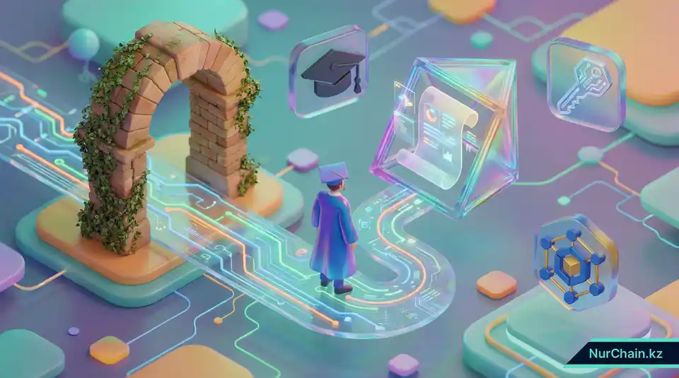 3D-изометрическая иллюстрация выпускника, идущего к светящемуся цифровому диплому, представляющая пошаговый процесс получения блокчейн-документа.