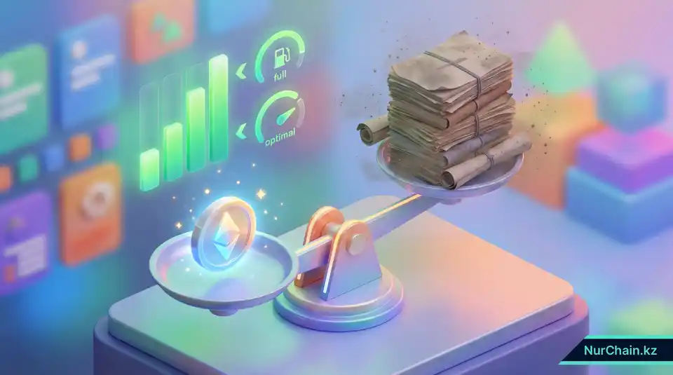 3D-изометрическая графика, показывающая цифровую монету, уравновешивающую стопку бумаг, что символизирует низкие комиссии за газ и административную эффективность блокчейн-документов.