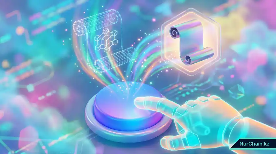 3D визуальное объяснение процесса минтинга, где нажатие цифровой кнопки превращает каркасный свиток в полноценный блокчейн-актив.