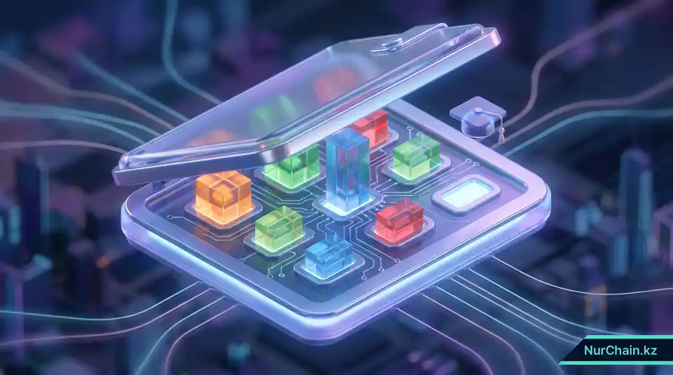 3D-иллюстрация цифрового кошелька, подготавливаемого с помощью цветных геометрических символов для хранения академических блокчейн-документов.