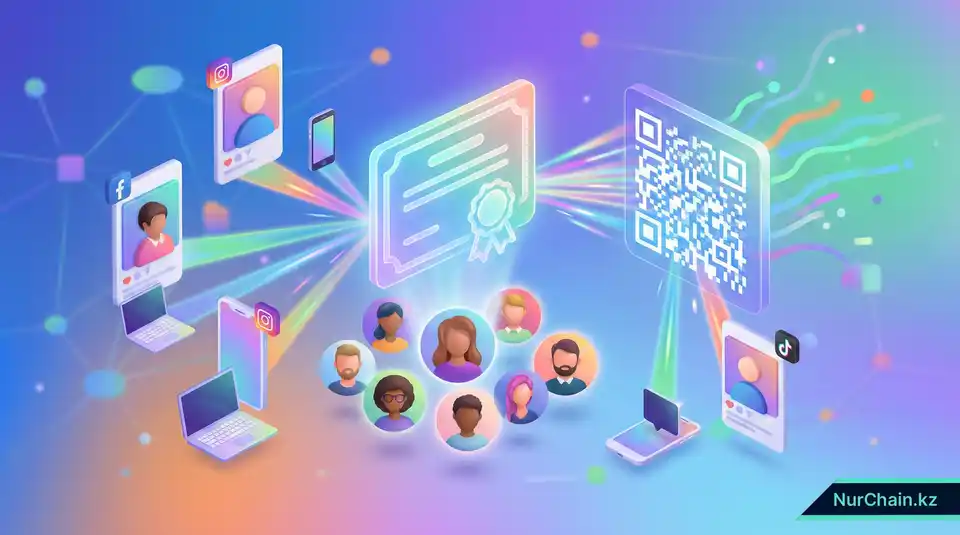 3D-рендер, показывающий передачу цифрового диплома аватарам профессиональных профилей с помощью QR-кода и световых лучей данных.