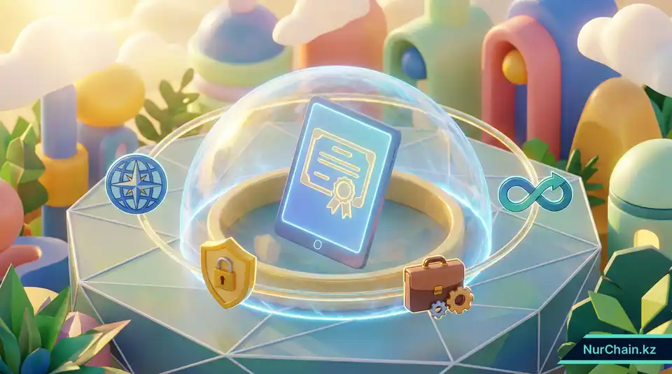 Итоговая 3D-инфографика защищенного цифрового диплома в окружении иконок безопасности, глобальной мобильности и карьерного успеха.