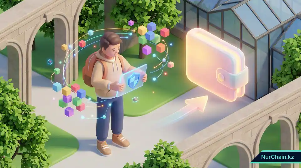 3D-иллюстрация студента университета, взаимодействующего с цифровым кошельком и защищенной сетью в современном кампусе.