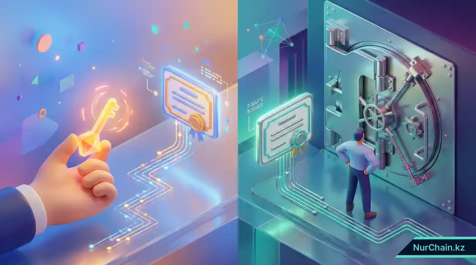 Изометрическое 3D-сравнение ключей личного хранения и институционального хранилища для цифровых дипломов.