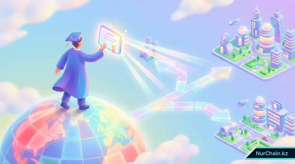 Выпускник, стоящий на земном шаре с сияющим цифровым дипломом, что символизирует мобильное и защищенное академическое наследие.