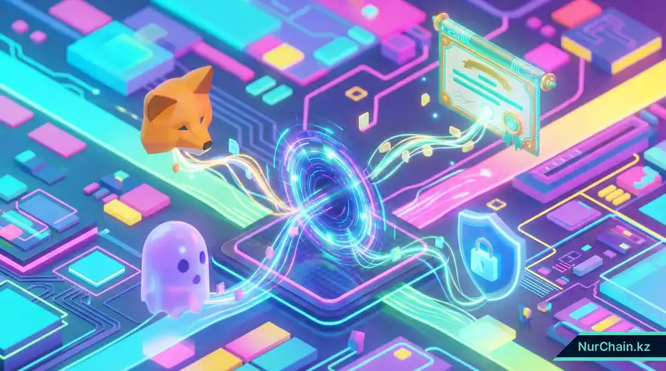 3D-визуализация иконок различных криптокошельков, таких как MetaMask и Phantom, подключающихся к цифровому документу.