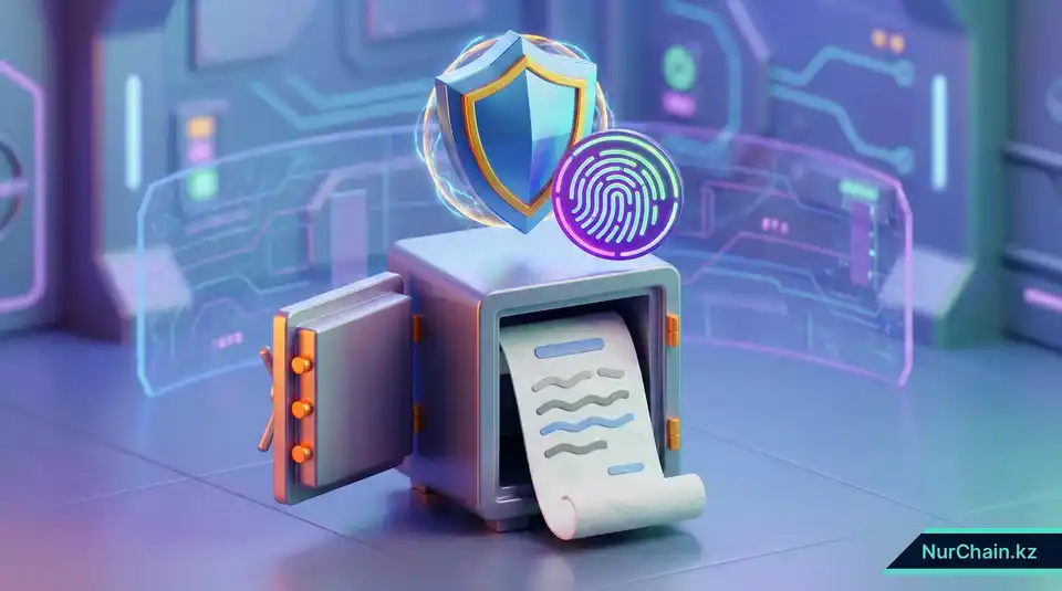 3D-инфографика, показывающая сейф с сид-фразой и биометрическими символами для защиты цифровой личности.