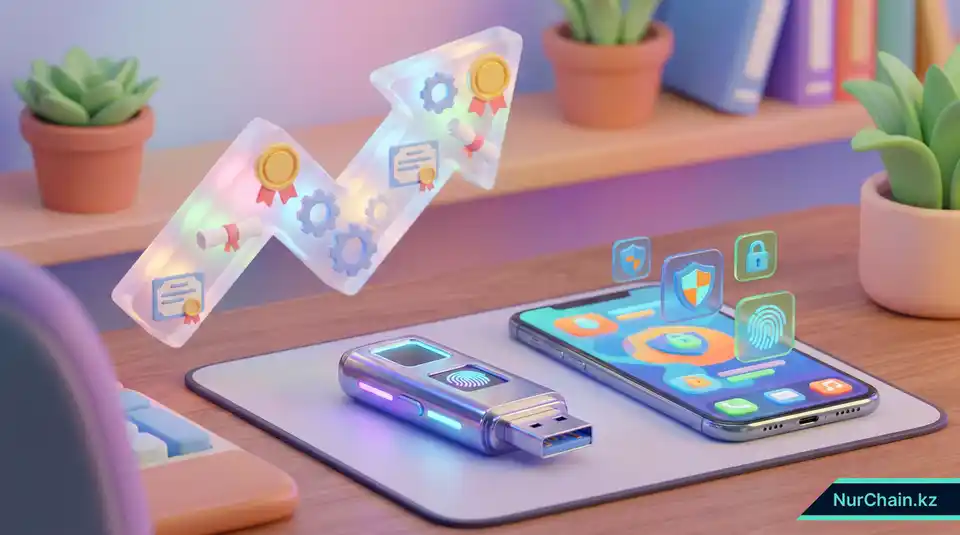 Высокотехнологичный аппаратный кошелек и панель управления на смартфоне, иллюстрирующие безопасное долгосрочное хранение академических документов.