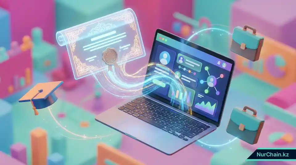 3D-иллюстрация цифрового диплома, парящего над ноутбуком с открытым профессиональным профилем, символизирующая интеграцию NFT-документов.