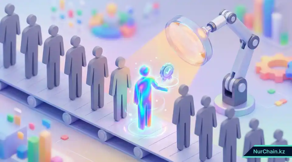 3D-графика: светящийся кандидат с верифицированным цифровым значком выделяется на фоне серых фигур, демонстрируя ценность NFT-документов.