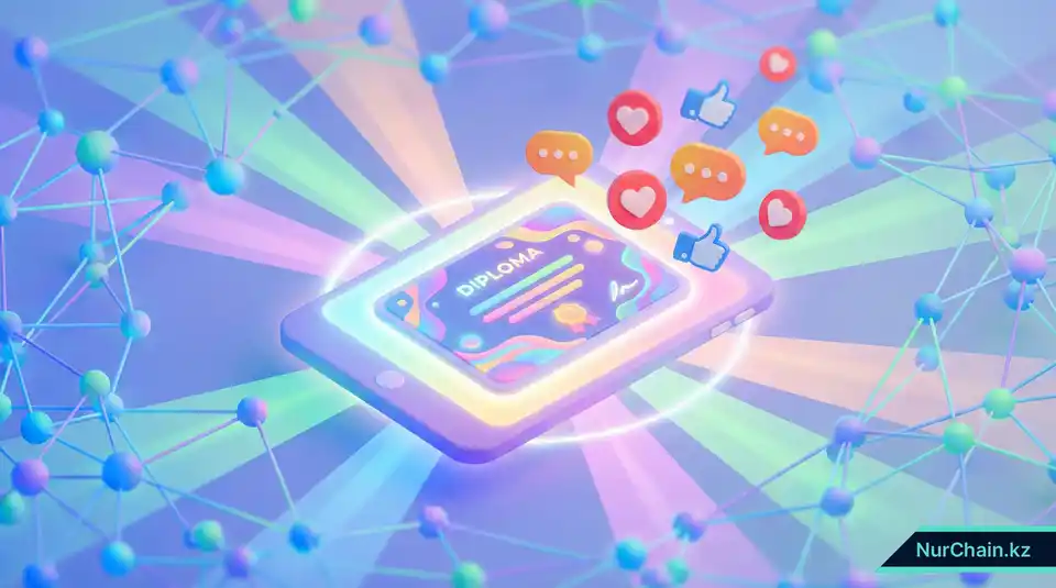 3D-иллюстрация публикации в социальной сети с цифровым дипломом и иконками вовлеченности, олицетворяющая профессиональный нетворкинг.