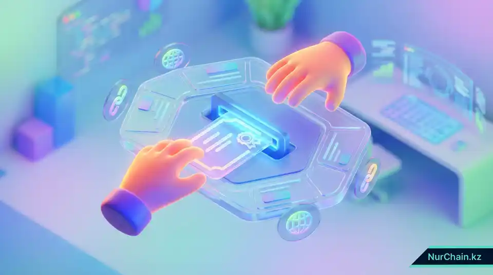 3D-визуализация процесса добавления цифрового сертификата в раздел профиля, иллюстрирующая размещение блокчейн-лицензий.