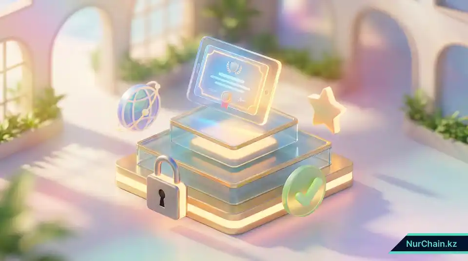 Итоговая 3D-графика: цифровой диплом на пьедестале в окружении символов безопасности и глобального доверия.