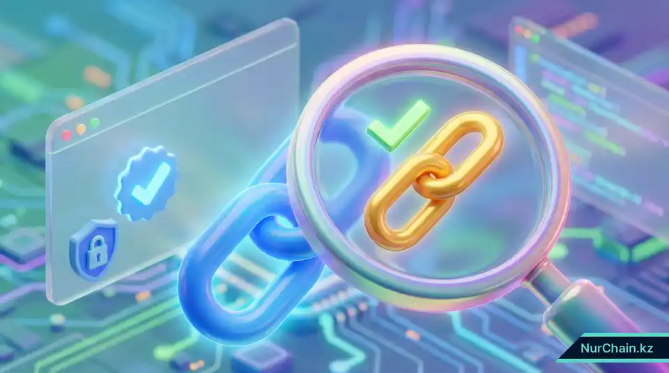 3D-графика: увеличительное стекло проверяет сияющую цифровую ссылку с зеленой галочкой, демонстрируя процесс верификации.