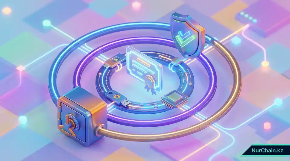 Итоговая 3D-инфографика, показывающая уровни защиты, включая аппаратные кошельки и физические сейфы, для обеспечения сохранности цифровых дипломов.