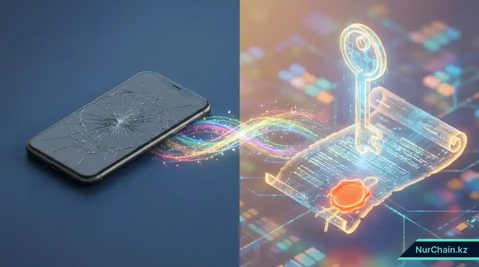 3D-иллюстрация с разделенным экраном, показывающая сломанный смартфон и светящийся цифровой мастер-ключ, восстанавливающий NFT-диплом.