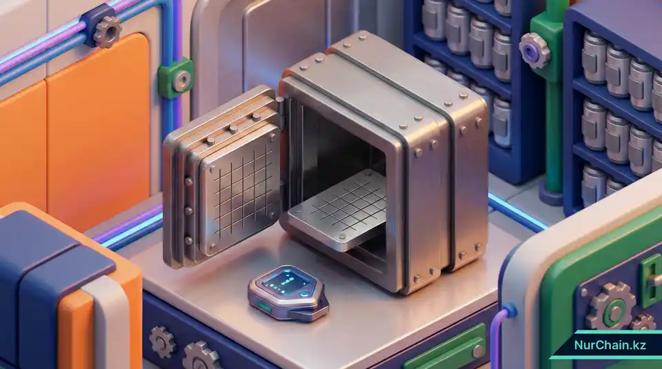 3D-иллюстрация аппаратного кошелька и металлической пластины с гравировкой внутри огнестойкого сейфа для безопасного хранения ключей.