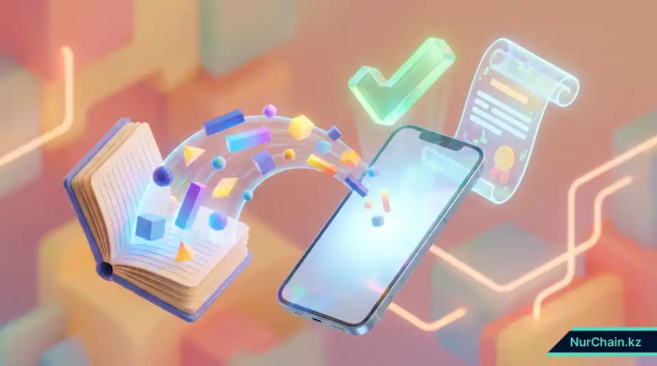 Изометрический 3D-рендер нового смартфона, на котором восстанавливаются цифровые данные для возврата доступа к NFT-документу об образовании.