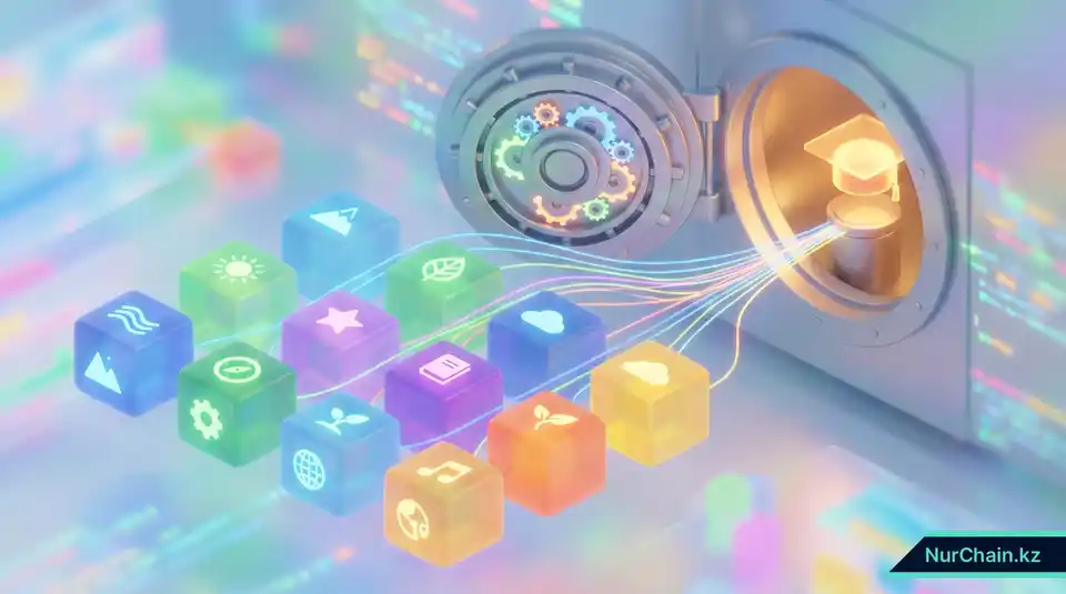 3D-графика из двенадцати светящихся кубов, выступающих в роли фразы восстановления для открытия цифрового хранилища с академической шапочкой.