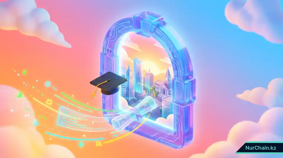 3D-иллюстрация цифрового диплома, проходящего через портал в сторону глобального профессионального будущего, что символизирует карьерную мобильность.