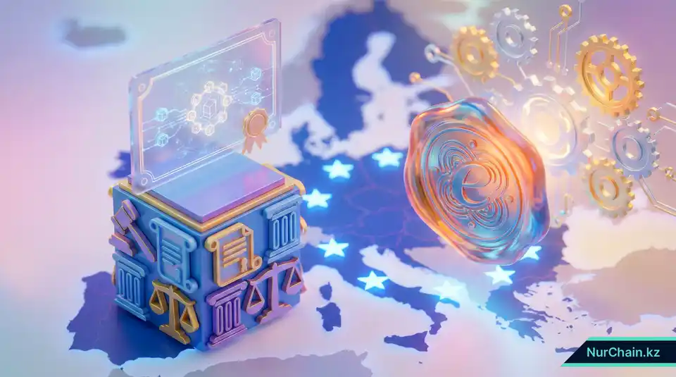 3D-изображение NFT-диплома с печатью электронного апостиля и символами соответствия международным правовым нормам.