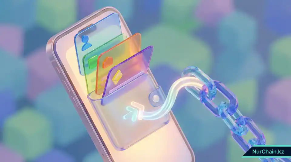 3D-рендер смартфона с цифровым кошельком, показывающий процесс передачи защищенного образовательного документа через светящуюся ссылку.