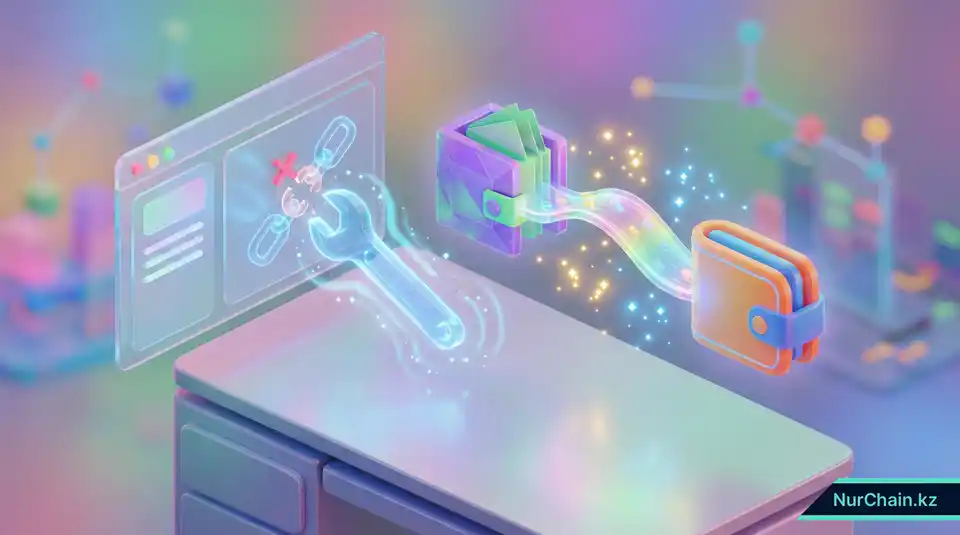 3D-визуализация процесса исправления ссылок на цифровые документы и соединения различных блокчейн-кошельков для обеспечения совместимости.