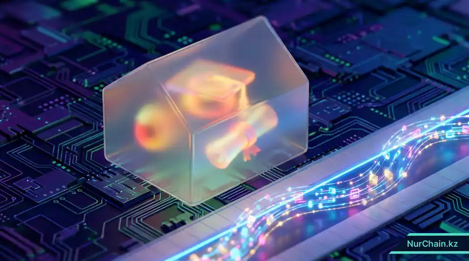 Метафора в виде дома из матового стекла, демонстрирующая, как метаданные в блокчейне остаются видимыми, но недоступными для чтения широкой публике.