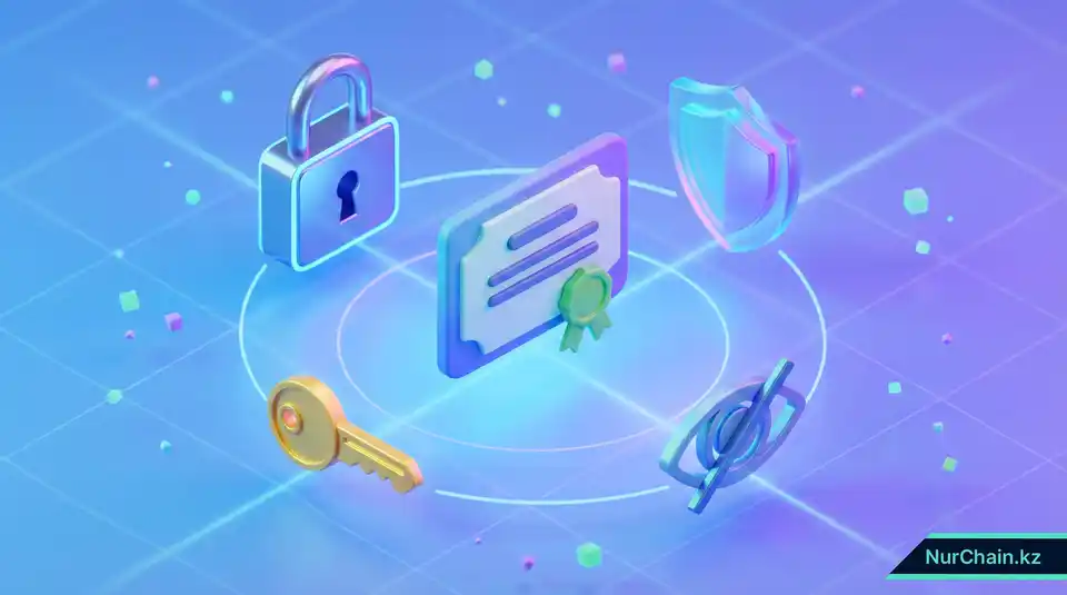 3D-визуализация цифрового диплома, защищенного символами приватности, такими как замки и щиты, что олицетворяет механизмы контроля доступа к документам в блокчейне.